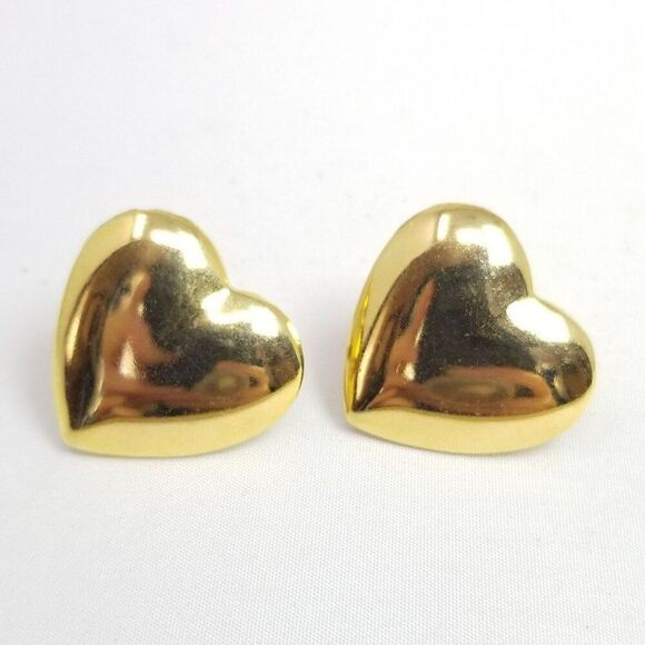 Vintage Puffy Gold Tone Heart Stud Earrings, Retro 80s 90s Style, Estate - Picture 1 of 6